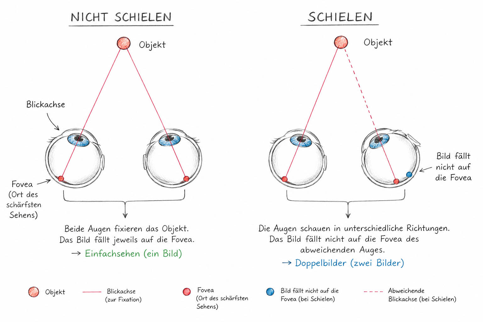 Skizzierte Darstellung zum Vergleich von normalem Sehen und Schielen. Links: Beide Augen sind korrekt auf ein Objekt ausgerichtet, die Blickachsen treffen das Objekt und das Bild fällt auf die Fovea beider Augen, wodurch einfaches Sehen entsteht. Rechts: Ein Auge weicht von der Blickrichtung ab (Schielen), die Blickachsen sind nicht ausgerichtet und das Bild fällt beim schielenden Auge nicht auf die Fovea, wodurch Doppelbilder entstehen.